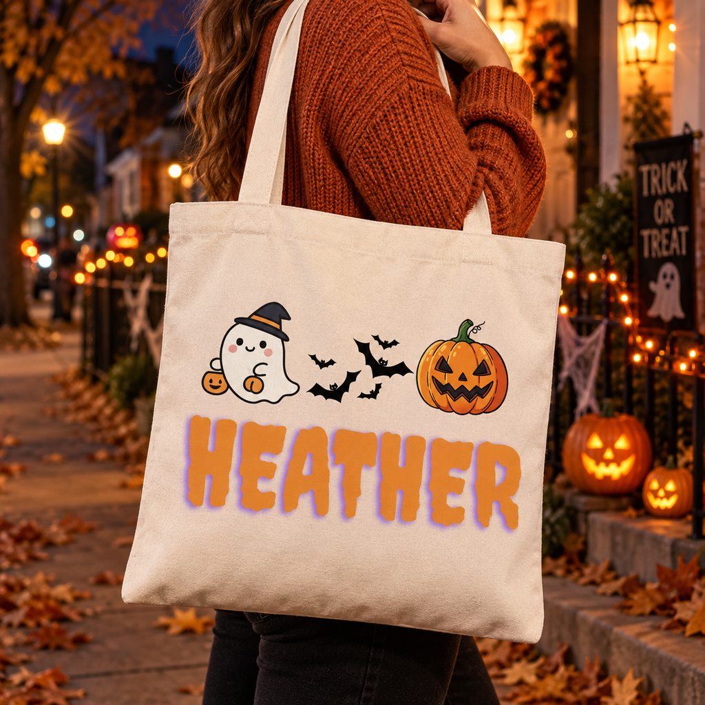 A person outdoors at night wearing an orange knit sweater and carrying a cream canvas tote bag with Halloween graphics and the name 'HEATHER' in orange letters. The scene includes a lit street, pumpkins, and fall leaves.