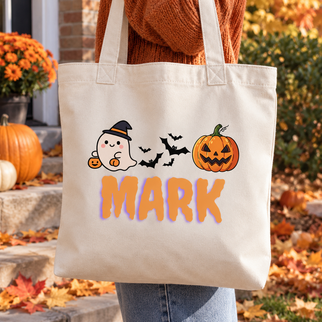 A person outdoors carrying a cream canvas tote bag with a Halloween design featuring a ghost, jack-o'-lantern, bats, and the name 'MARK' in orange letters.