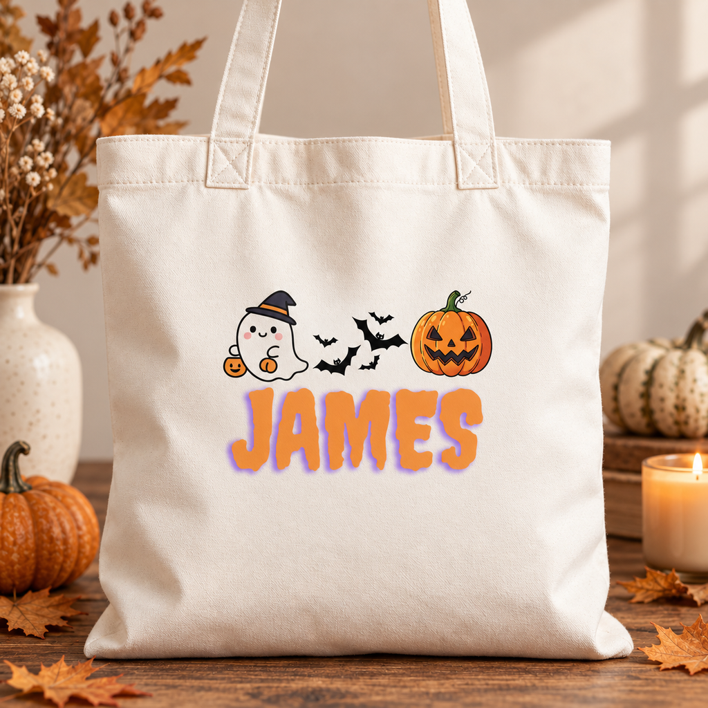 A cream canvas tote bag with a personalized Halloween graphic featuring a ghost, bats, a pumpkin, and the name 'JAMES' in orange letters, styled on a wooden table with autumn props.