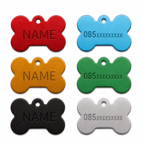 Six bone-shaped pet ID tags in red, blue, orange, green, black, and silver, arranged in two columns on a white background. The left column tags are engraved with the placeholder name 'NAME', while the right column tags are engraved with '085xxxxxxxx'.
