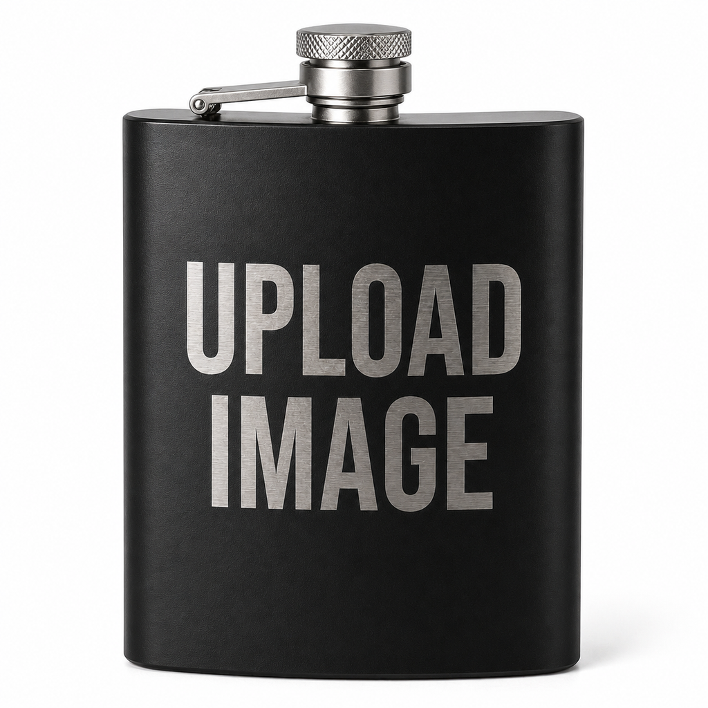 A matte black flask with a silver screw cap and side spout, featuring the words 'UPLOAD IMAGE' in large silver letters on the front, set against a plain white background.
