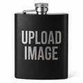 A matte black flask with a silver screw cap and side spout, featuring the words 'UPLOAD IMAGE' in large silver letters on the front, set against a plain white background.