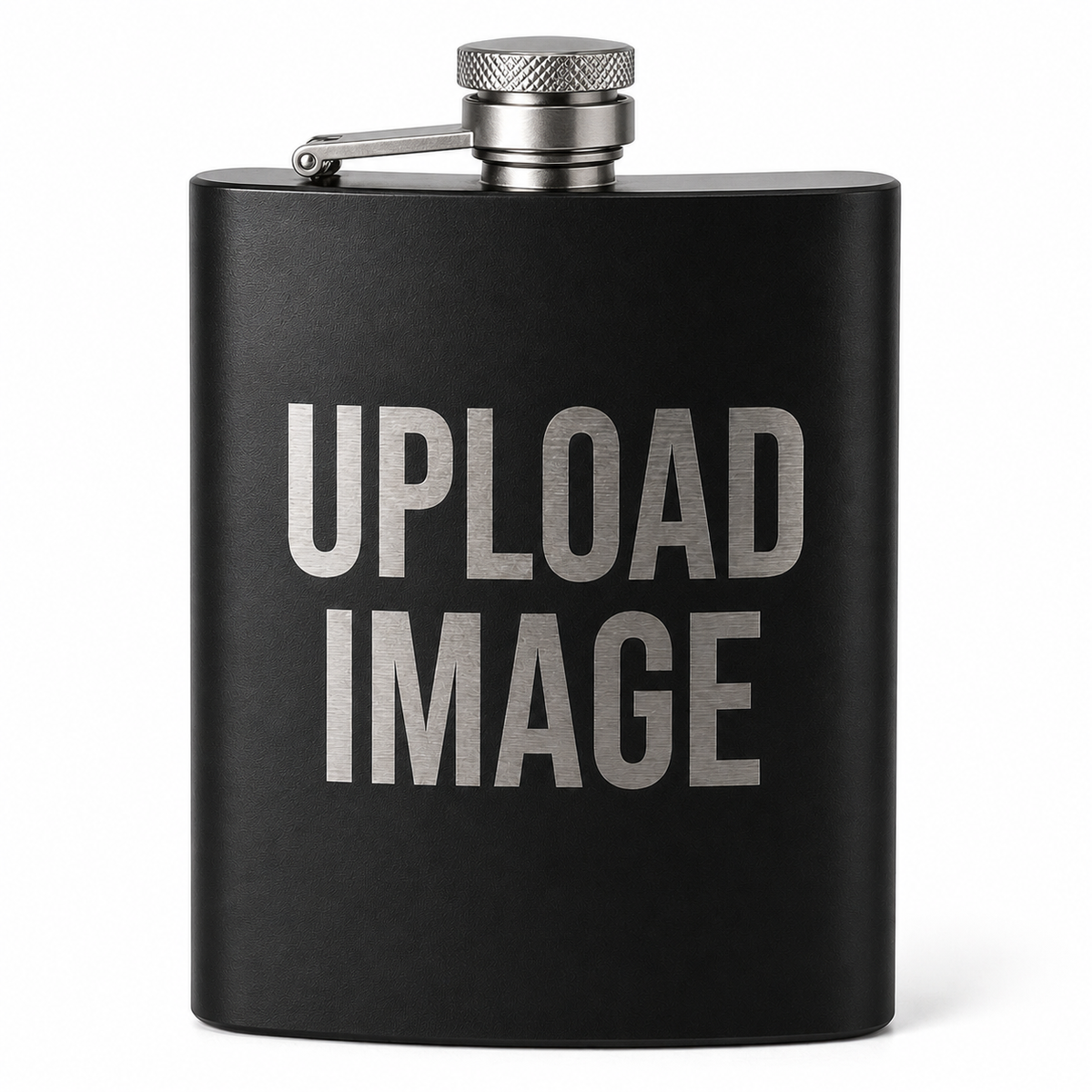 A matte black flask with a silver screw cap and side spout, featuring the words 'UPLOAD IMAGE' in large silver letters on the front, set against a plain white background.