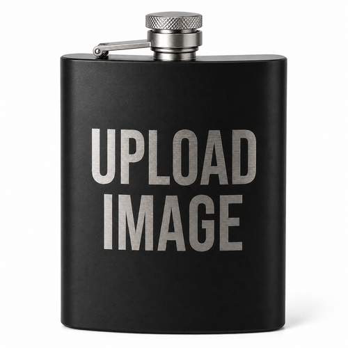 A matte black flask with a silver screw cap and side spout, featuring the words 'UPLOAD IMAGE' in large silver letters on the front, set against a plain white background.
