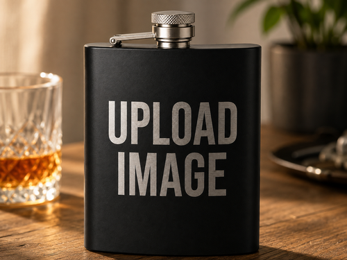 A matte black flask with a silver screw-top lid sits on a wooden table. The front of the flask has large silver text reading 'UPLOAD IMAGE' as a placeholder, with a glass of amber liquor and a blurred plant in the background.
