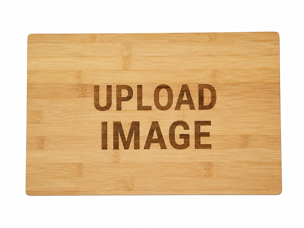 A rectangular bamboo cutting board with a natural light wood grain texture, featuring the words 'UPLOAD IMAGE' engraved in the center, set against a plain white background.