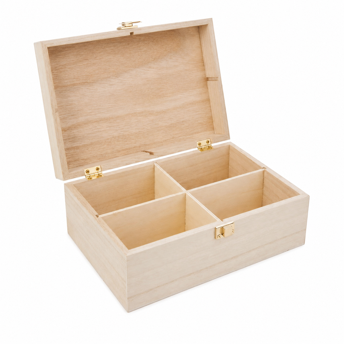 A light natural wood storage box with an open lid, featuring four compartments divided by internal slats and small gold-tone metal latches, shown on a plain white background.