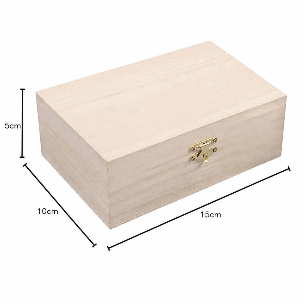 A light natural wood rectangular box with a small gold clasp on the front, shown with black dimension lines and labels indicating 15cm length, 10cm width, and 5cm height on a white background.