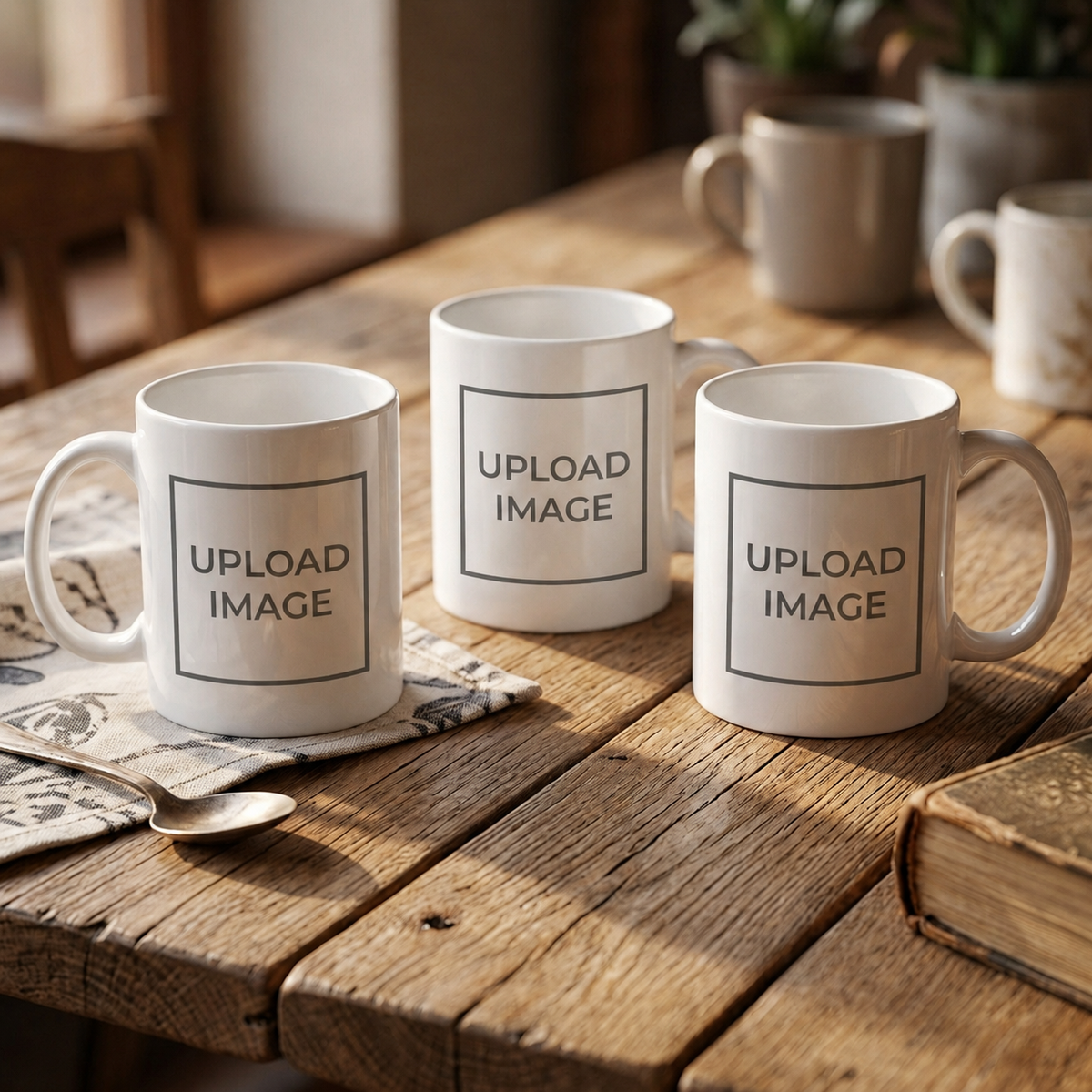 Three white ceramic mugs with placeholder text reading 'UPLOAD IMAGE' are arranged on a rustic wooden table with a spoon and book nearby.