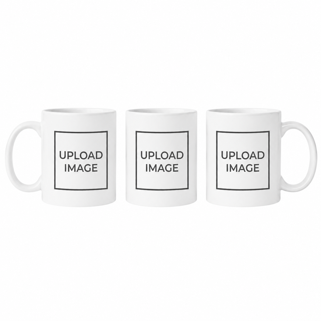 Three white ceramic mugs shown side by side on a plain white background, each with a black outlined placeholder box containing the text 'UPLOAD IMAGE'.
