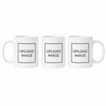 Three white ceramic mugs shown side by side on a plain white background, each with a black outlined placeholder box containing the text 'UPLOAD IMAGE'.
