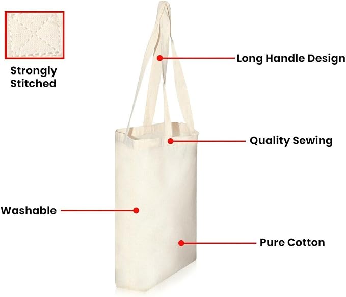 White tote bag with features labeled on a white background