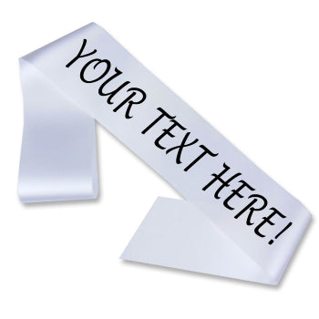 A white satin banner with black placeholder text reading 'YOUR TEXT HERE!' on a clean white background.